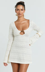 Bonnie Mini Dress - Beaded Keyhole Neckline Long Sleeve Dress in Ivory