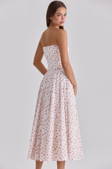White Rose Print Strapless Cotton Maxi Dress