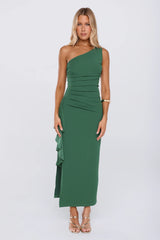 Chic One Shoulder Ruched Drape Maxi Dress Green