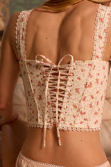 White Rose Print Cotton Scallop Trim Corset Top