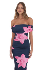 Off Shoulder Pink Floral Maxi Dress in Navy