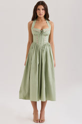 Sage Stretch Cotton Halter Neck Midi Dress