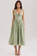 Sage Stretch Cotton Halter Neck Midi Dress