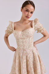 Cream Floral Print Chiffon Puff Sleeve Mini Dress