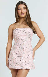 Jayden Mini Dress - Strapless A Line Dress in Pink Floral
