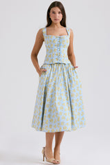 Soft Blue Vintage Floral Print Cotton Midi Skirt