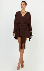 Ariette Mini Dress - Plunge Neck Fringe Detail Belt Dress in Chocolate