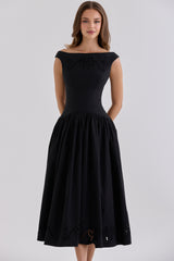 Black Custom Cotton Broderie Anglaise Boat Neck Maxi Dress