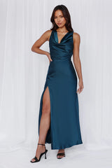 The Loretta Cowl Satin Maxi Dress Teal