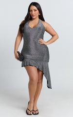 Victor Mini Dress - Glitter Plunge Halter Asymmetric Hem Dress in Gunmetal