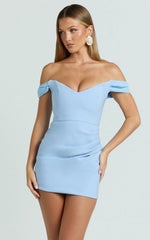Veronika Mini Dress - Off Shoulder Plunge Fit And Flare Dress in Blue