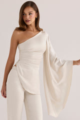 Oyster Satin One Sleeve Asymmetric Draped Top