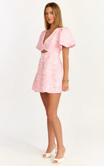 Rosalie Mini Dress - Floral Jacquard V Neck Fit and Flare Dress in Pink