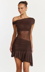 Ivy Mini Dress - Tip Shoulder Asymmetric Ruched Yoke Dress in Chocolate