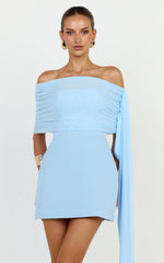 Elina Mini Dress - Off Shoulder Contrast Mesh Draped Overlay Dress in Blue