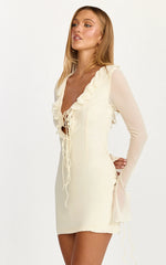 Alesya Mini Dress - Ruffle Plunge Neck Long Sleeve Tie Detail Dress in Cream