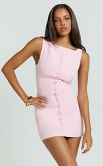 Adela Mini Dress - Mock Button Thru Boat Neck Dress in Pale Pink