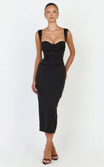 Kenna Midi Dress - Gathered Bust Tucked Waist Dress in Black