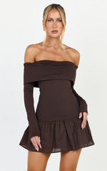 Remi Mini Dress - shoulder Long Sleeve Dropped Waist Mini Dress in Chocolate