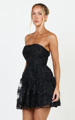 Marzy Mini Dress - Strapless Floral Detail Lace Fit and Flare Dress in Black