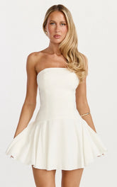 Poppy Mini Dress Contrast Skirt Strapless Dress in White