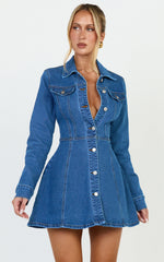 Cleo Mini Dress - Panel Detail Stretch Denim Shirt Dress in Mid Blue Wash
