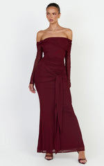 Waverly Maxi Dress - Long Sleeve Off Shoulder Dress in Wine