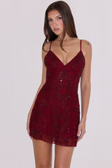 Wine Hand-beaded Embellished Mini Dress - Limited Edition