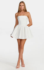 Lana Mini Dress - Ruched Bust Fit And Flare Strapless Corset Bodice Dress With Lace Up Back in White