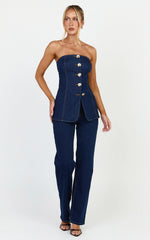 Phoebe Top - Strapless Button Down Stretch Denim Top in Dark Blue Wash