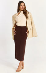 Alanna Midi Skirt - High Waisted Back Split Pencil Skirt in Chocolate
