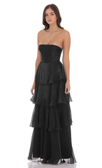 Corset Ruffle Strapless Maxi Dress in Black