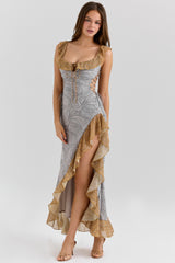 Paisley Print Georgette Ruffle Maxi Dress