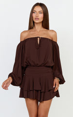 Sailor Mini Dress - Off Shoulder Ruffle Skirt Dress in Chocolate