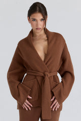 Tan Pure Wool Draped Front Cardigan
