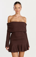 Maeve Mini Dress - Off Shoulder Long Sleeve Fit And Flare Mini Dress in Chocolate
