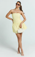 Donatella Mini Dress - Strapless Drop Waist Dress in Lemon