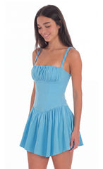 Ruched Fit and Flare Mini Dress in Aqua Blue