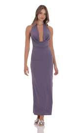 Plunge Cowl Neck Halter Maxi Dress in Dusty Purple