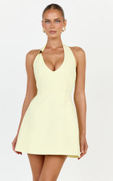 Leilani Mini Dress - Plunge Gold Hardware Fit and Flare Dress in Lemon