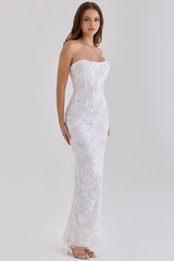 White Hand Beaded Embellished Strapless Maxi Dress