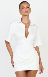 Leora Mini Dress - Button Front Draped Cowl Waist Dress in Off White