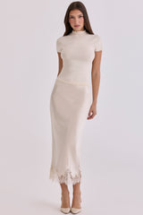 Vintage Ivory Satin + Lace Midi Skirt