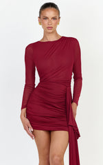 Jasmine Mini Dress - Long Sleeve Draped Skirt Overlay Dress in Wine