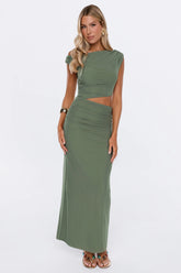 Style Archive Off Shoulder Mesh Maxi Dress Olive