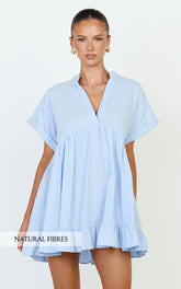 Calissa Mini Dress - Frill Hem Smock Dress in Light Blue