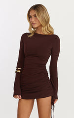 Primrose Mini Dress - Slash Neck Long Sleeve A Line Dress in Chocolate