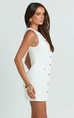 Alberta Mini Dress - Fitted Hardware Button Down Welt Pocket Dress in Off White