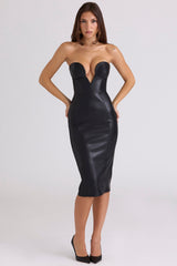 Black Vegan Leather Strapless Midi Dress