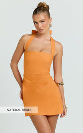 Tamika Mini Dress - Halter Neck Gathered A Line Mini Dress in Orange